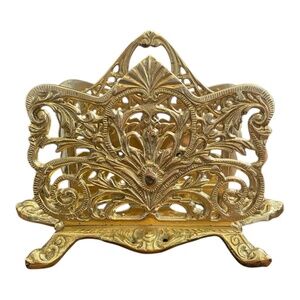 Vintage Brass footed ornate napkin/letter holder, desk organizer